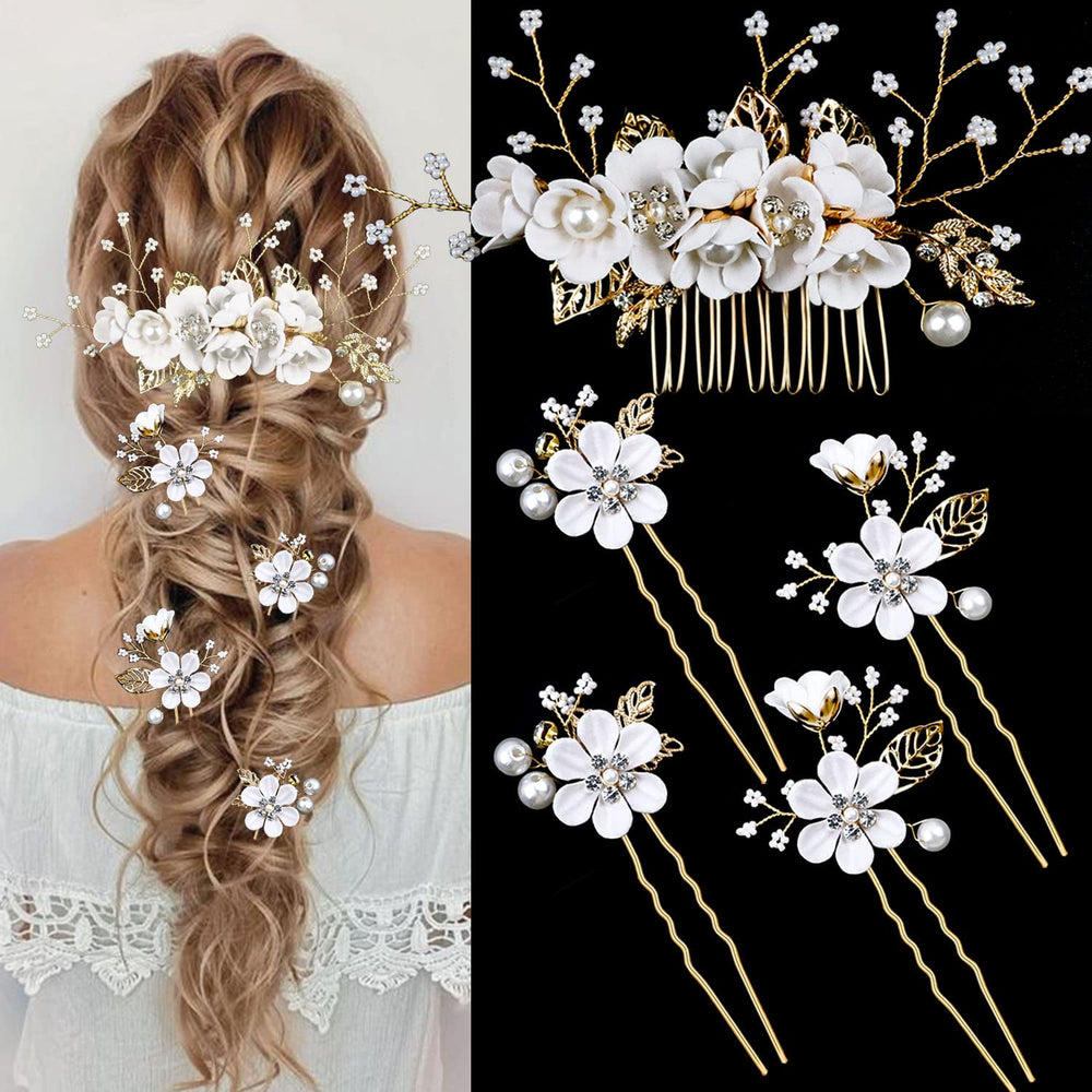 Épingle LAPOHI fleurs perle cristal doré, pour une touche glamour sur cheveux.