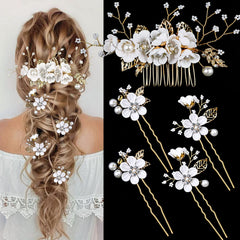 Épingle LAPOHI fleurs perle cristal doré, pour une touche glamour sur cheveux.