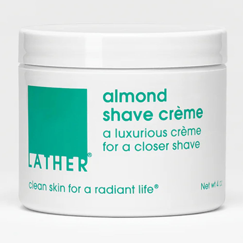 LATHER Almond Shave Crème — bouteille 4 oz, hydratation pour peau sensible
