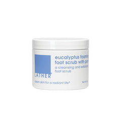 LATHER Foot Scrub with Pumice Stone front label showing exfoliating action.