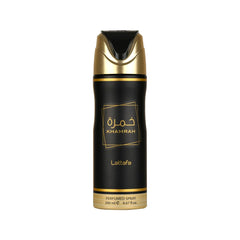 Lattafa Khamrah vaporisateur déodorant parfumé, usage quotidien avec des notes riches et chaudes.