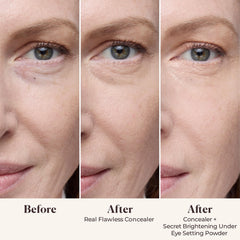 Texture soyeuse Laura Mercier – poudre contour yeux qui floute légèrement les ridules.
