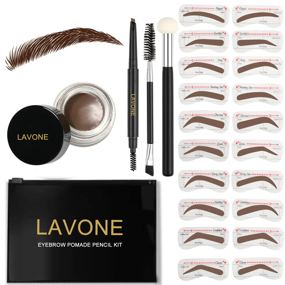 Sourcils définis avec pomade LAVONE et teinte marron foncé.