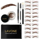 Sourcils définis avec pomade LAVONE et teinte marron foncé.