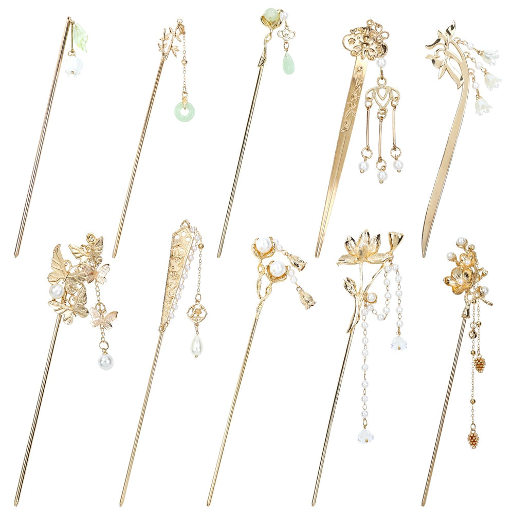 Lawie bâtons-cheveux dorés avec perles et jade, accessoire élégant pour un chignon raffiné.