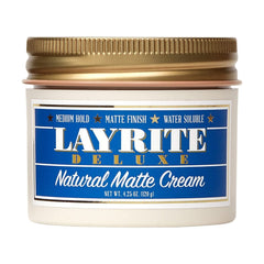 Layrite Crème Matte Naturelle en bouteille, fini mat et tenue flexible.