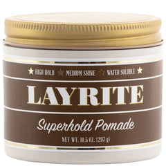 Layrite Super Hold Pomade – bouteille montrant le conteneur et son parfum vanillé pour un contrôle élevé