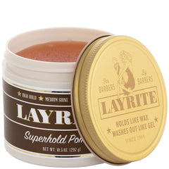 Layrite Super Hold Pomade – pot, usage domestique et concentration adaptée pour cheveux épais
