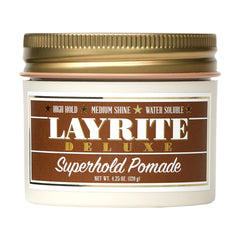 Layrite Superhold Pomade, bouteille orange, tenue élevée et contrôle durable.