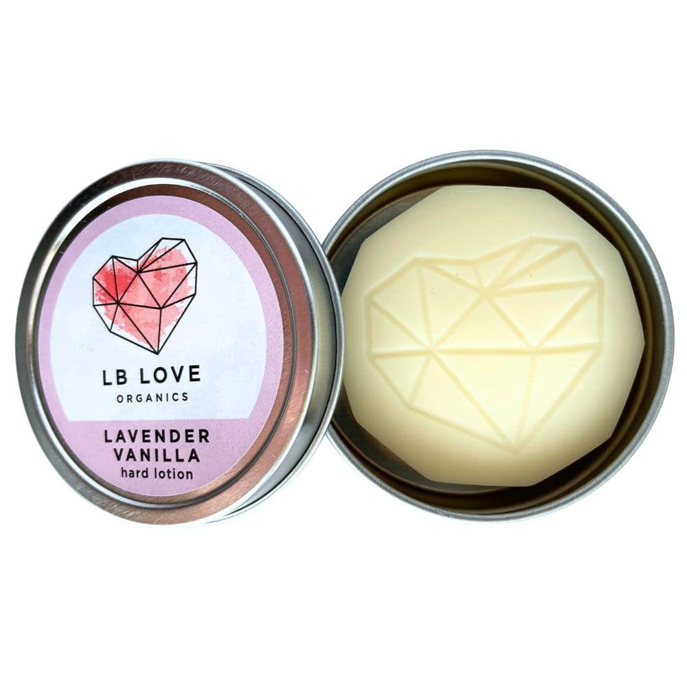 LB Love Organics barre lotion solide dans un emballage réutilisable et écologique.