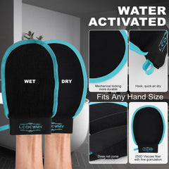 Main portant gant exfoliant LCOCWMY dans la douche, routine pratique.