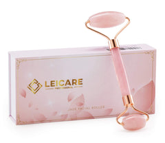 LeiCare Jade Roller visuel visage en quartz rose, effet rafraîchissant et relaxant.