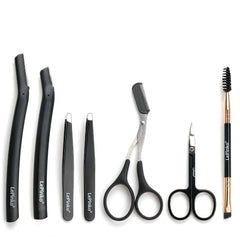 LePinko kit 7-en-1 pour sourcils, vue d’ensemble du coffret complet.
