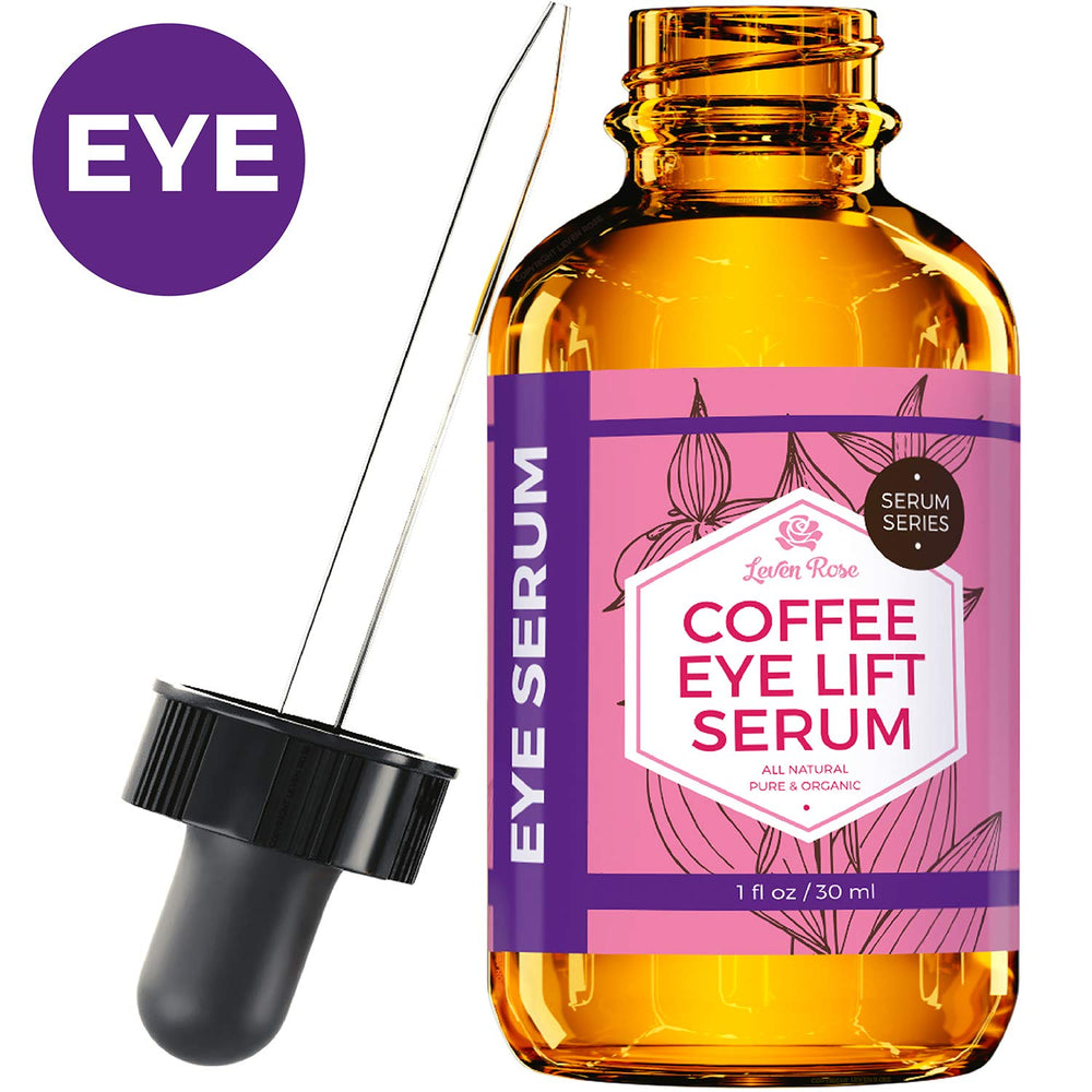 Leven Rose Coffee Oil Eyes bottle closeup highlighting brightening under-eye care