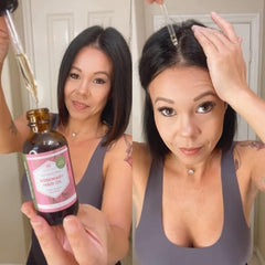 Leven Rose flacon huile romarin et menthe, texture légère pour cheveux brillants.
