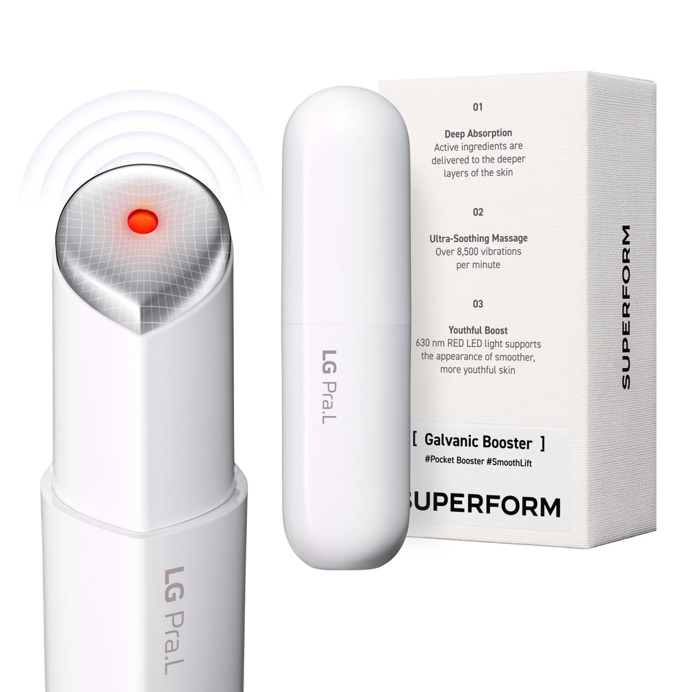 LG Pra.L Superform Galvanique Booster Mystic White – bottle élégante pour un teint lumineux et pratique.