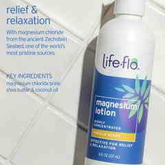 Life-Flo magnesium-lotion pompe-application, texture apaisante idéale pour usage quotidien.