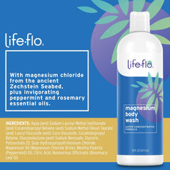 Gel douche magnésium Life-Flo, pompe du flacon en action, utilisation quotidienne.