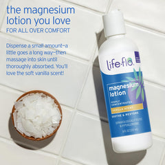 LIFE-FLO Magnesium Lotion : ingrédients riches comme beurre de karité et huile de coco pour nourrir la peau.