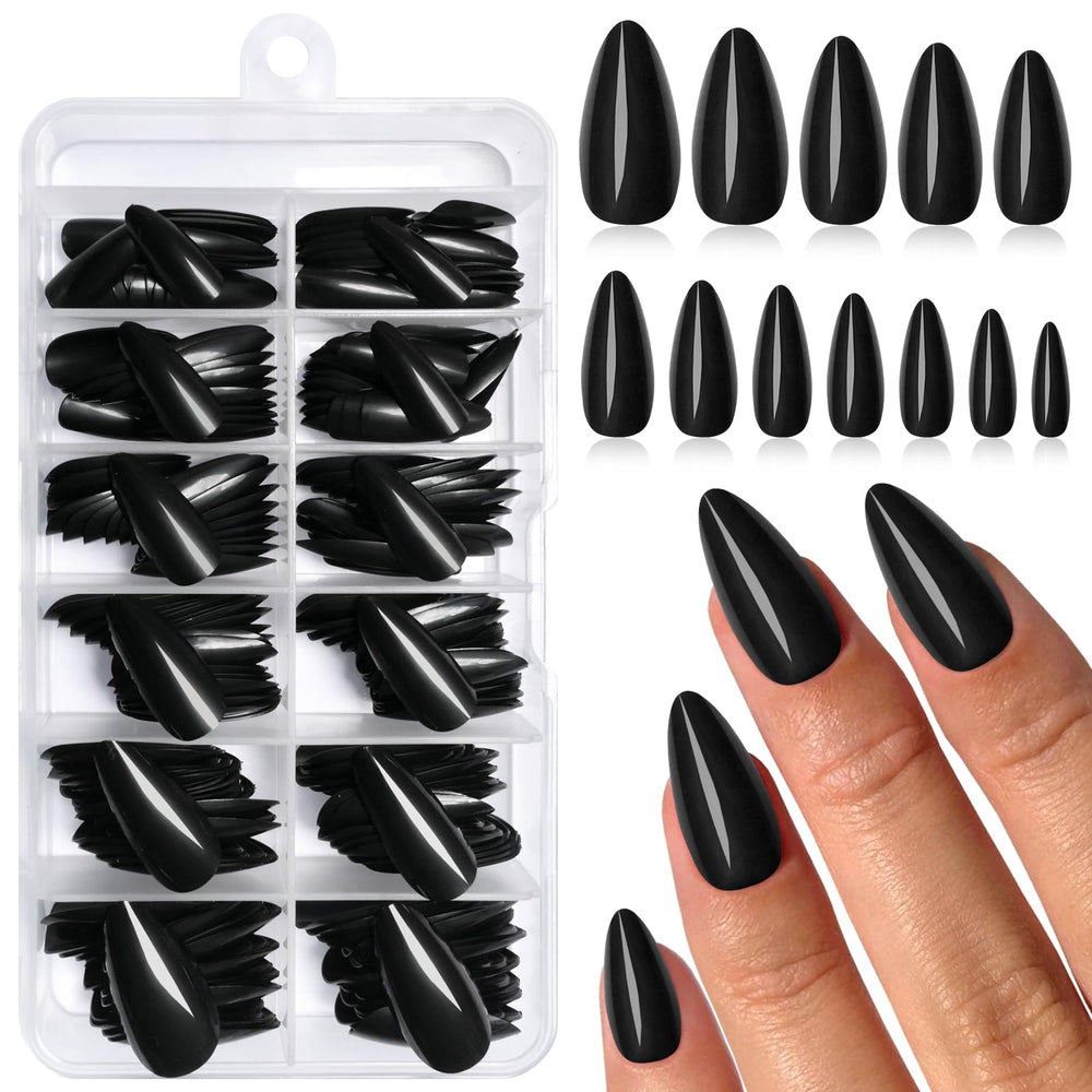 Ongles Lifextol pressés noirs amande moyen prêts à porter, style élégant et rapide