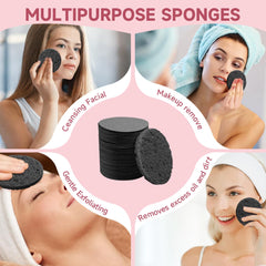 Éponge LILAC visage compressée noire ronde pour exfoliation légère et démaquillage quotidien.