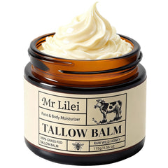 Lilei Beauty beef tallow balm jar shows rich texture for deep nourishment.