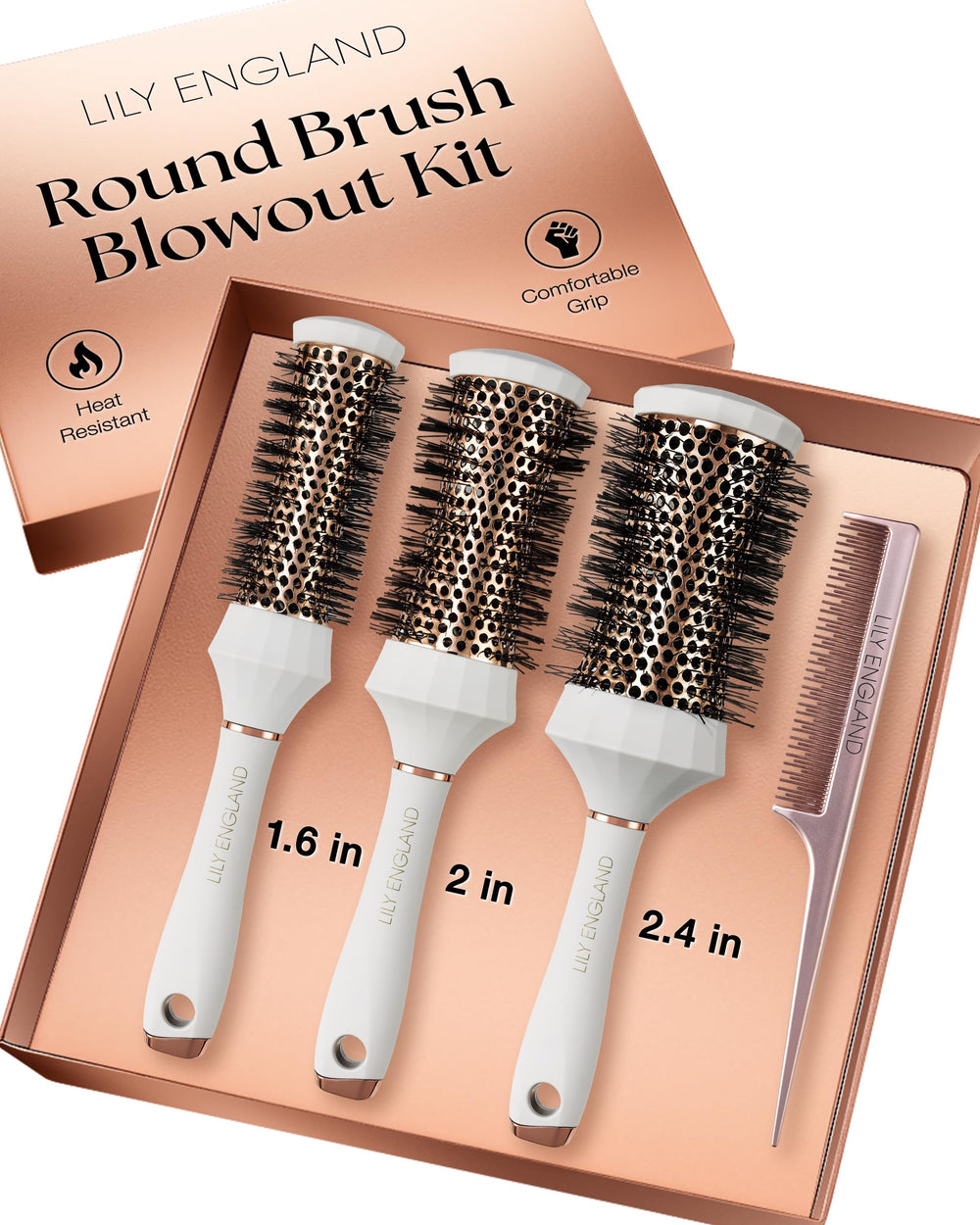 Ensemble Lily England: brosses rondes et peigne pour coiffage précis et rapide.