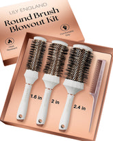 Ensemble Lily England: brosses rondes et peigne pour coiffage précis et rapide.