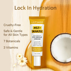 Application autour des yeux avec Milk+Manuka, effet apaisant