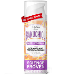 Crème LilyAna Naturals Bakuchiol en bouteille pompe prête à être dosée et hydratante.