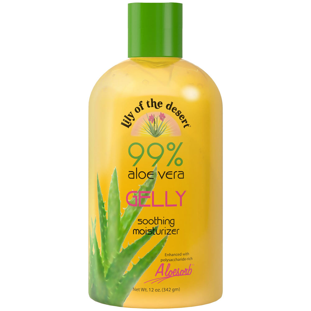 Lily Of The Desert Gelly Moisturizer montre la bouteille et le gel d'aloé réconfortant pour peau sensible.