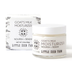Crème visage Little Seed Farm au lait de chèvre dans un flacon en verre, hydratation naturelle.