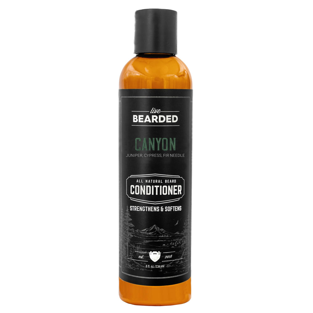 Live Bearded conditionneur barbe Canyon – bouteille sur plan de toilette pour barbe douce et nourrie.