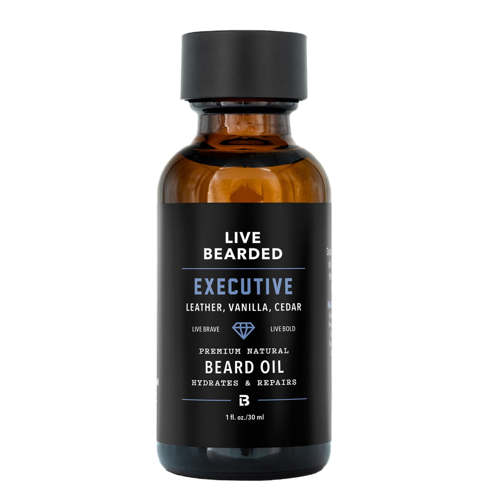 Live Bearded – huile barbe flacon, senteur exécutif, hydratation durable.