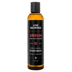 Live Bearded Lavage Barbe, flacon vu de face, nettoyage en douceur pour la peau et la barbe.