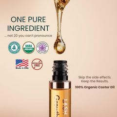 Closeup of Live Fraiche castor oil lash serum highlighting clean, pure formula.