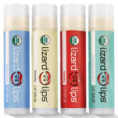 Baume Lizard Lips ensemble quatre saveurs pour hydratation en déplacement