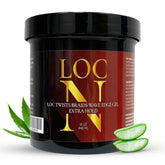 LOC N EDGE GEL EXTRA HOLD 16onces, bouteille démontrant la tenue des locs et contours.