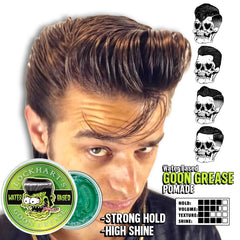 Pose et application des cheveux avec Lockhart’s Goon Grease, contrôle soutenu.