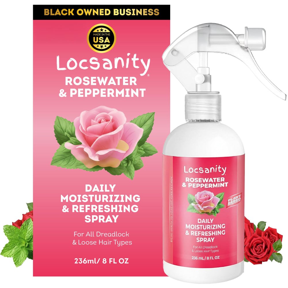 Locsanity bouteille-brume eau de rose et menthe pour hydrater les locs et nourrir le cuir chevelu.