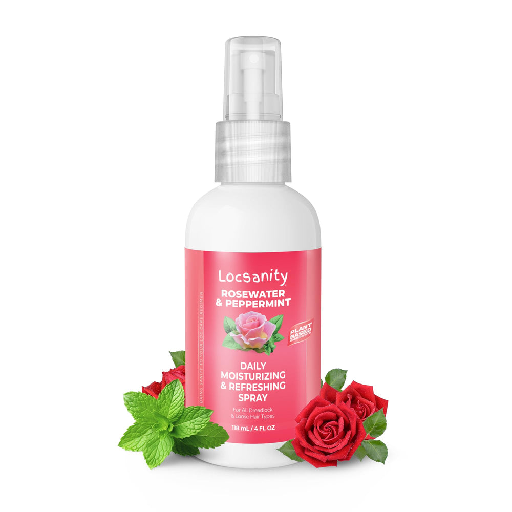 Locsanity eau de rose et menthe, brume hydratante pour locs, prêt à l’emploi.