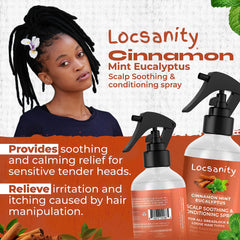 Locsanity ingredients-closeup highlights mint, cinnamon, eucalyptus for natural soothing.
