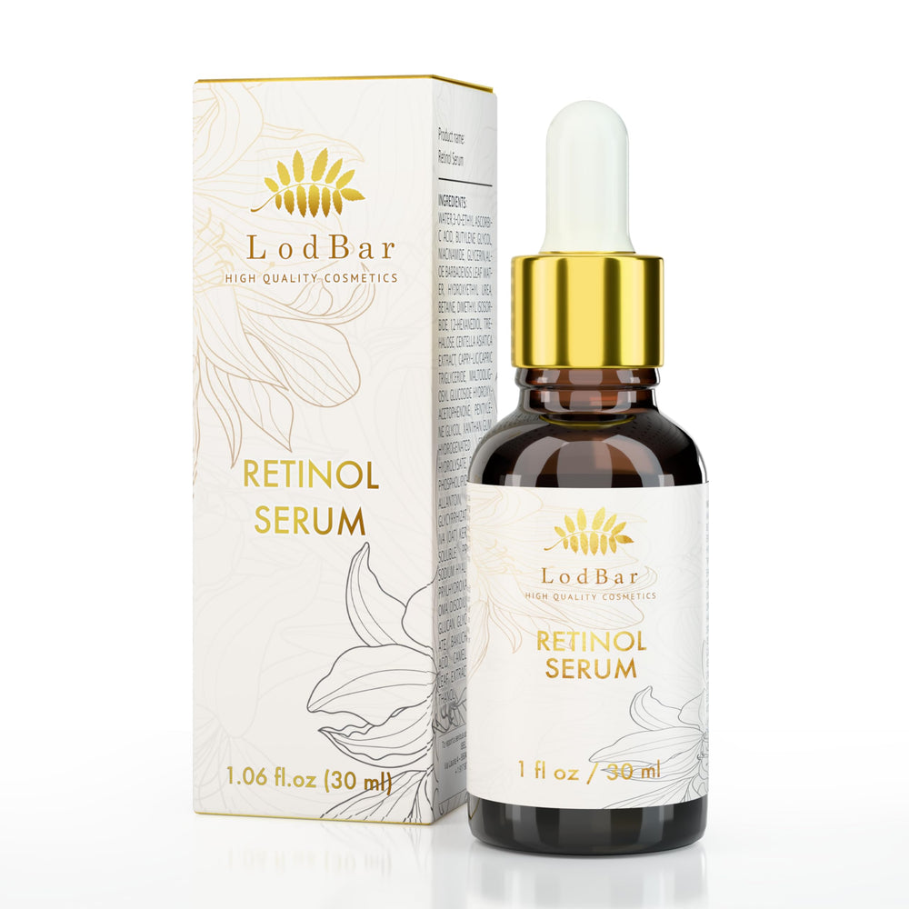 LodBar Sérum Rétinol Bakuchiol, bouteille avec pipette, absorption rapide et hydratation durable.