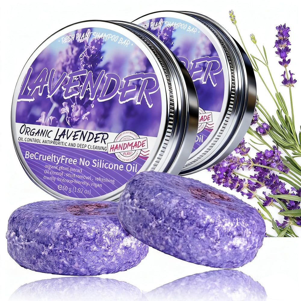 Barre de shampoing Loobexery gris et lavande, soin doux pour cuir chevelu sensible.