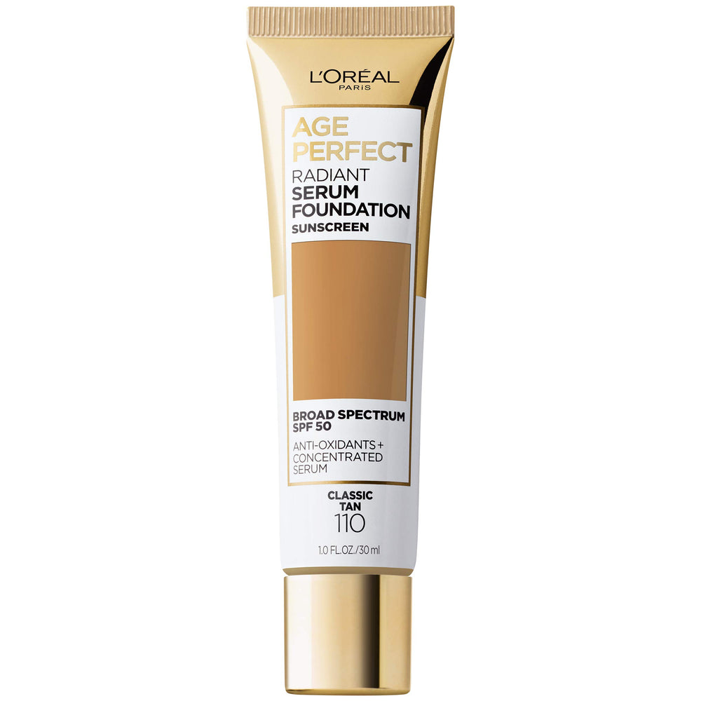 L'Oreal Paris Age Perfect Radiant Serum Foundation Classic Tan bottle with SPF 50 for natural coverage.