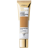 L'Oreal Paris Age Perfect Radiant Serum Foundation Classic Tan bottle with SPF 50 for natural coverage.