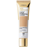 L'Oreal Paris Age Perfect Radiant Serum Foundation bottle with SPF 50 for hydrated, even skin.