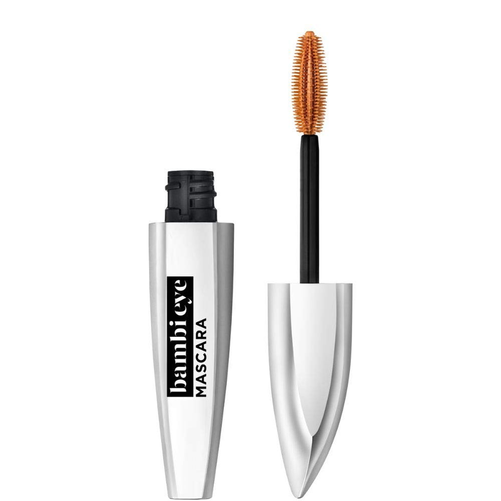 L'Oreal Paris Bambi Eye mascara with wide-eyed brush for defined, separated lashes.