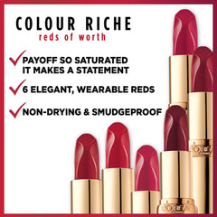 L’Oréal Paris Colour Riche rouge nourrissant argan vitamine E, lèvres hydratées et douces.