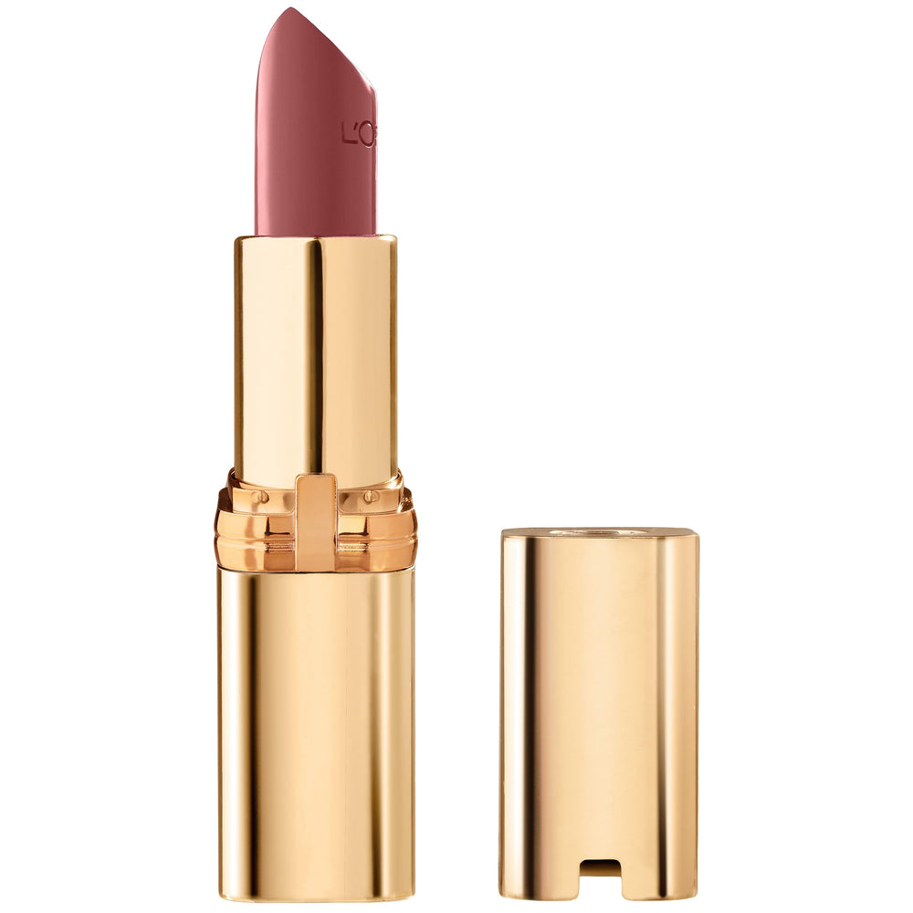 L’Oréal Paris Colour Riche Satin montrant l’emballage et une texture satinée des lèvres.